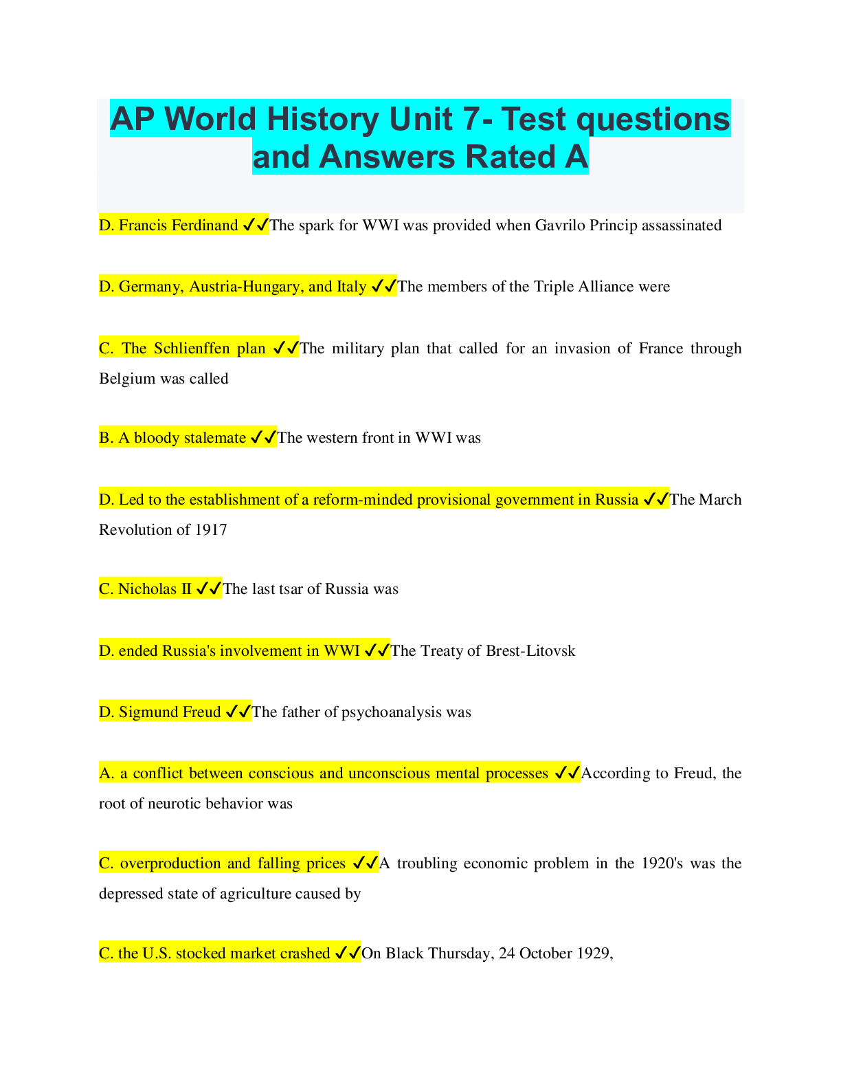 Preview of AP World History Unit 7- Test questions and Answers Rated A